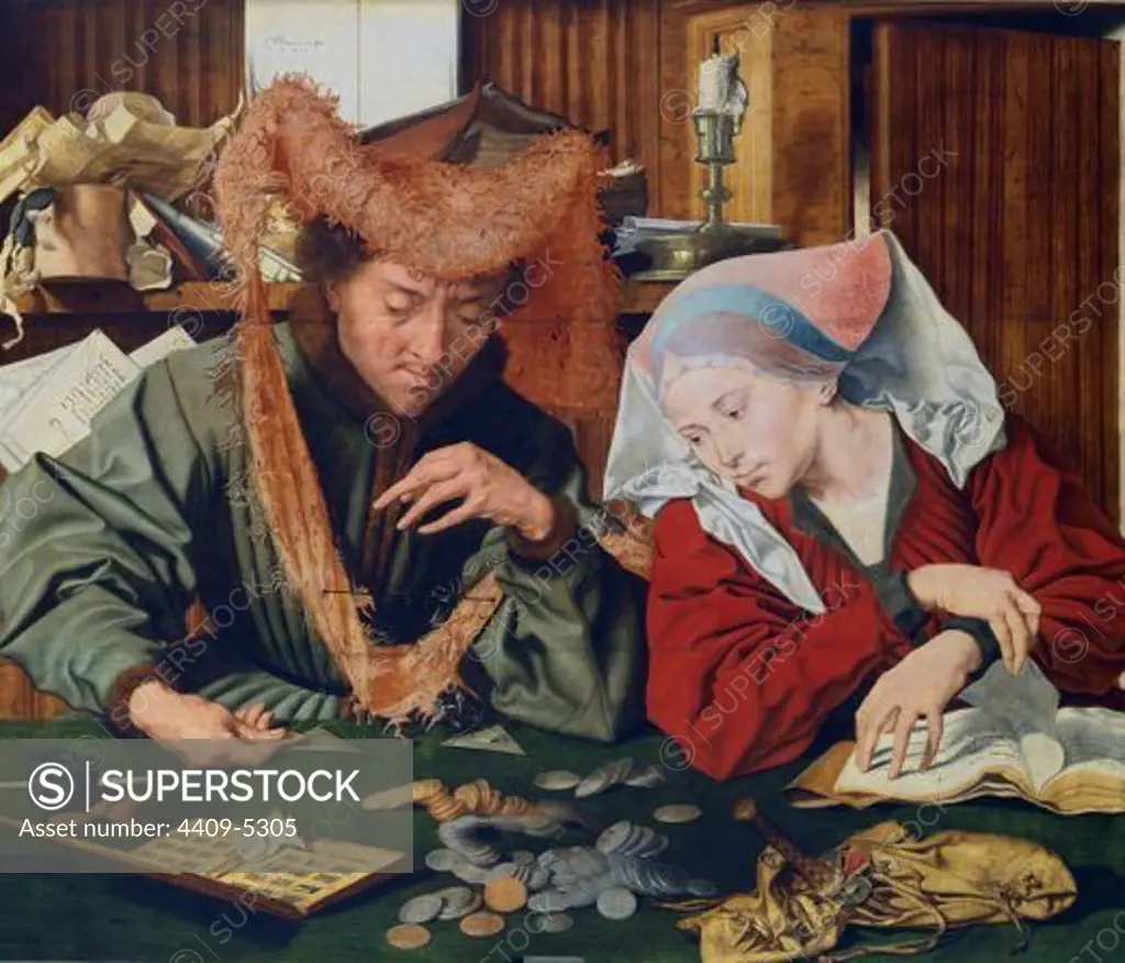 Moneychanger and his Wife. El cambista y su mujer. 1539. Plate (83x97 cm). Madrid, Prado museum. Author: REYMERSWAELE, MARIANUS VAN. Location: MUSEO DEL PRADO-PINTURA, MADRID, SPAIN.