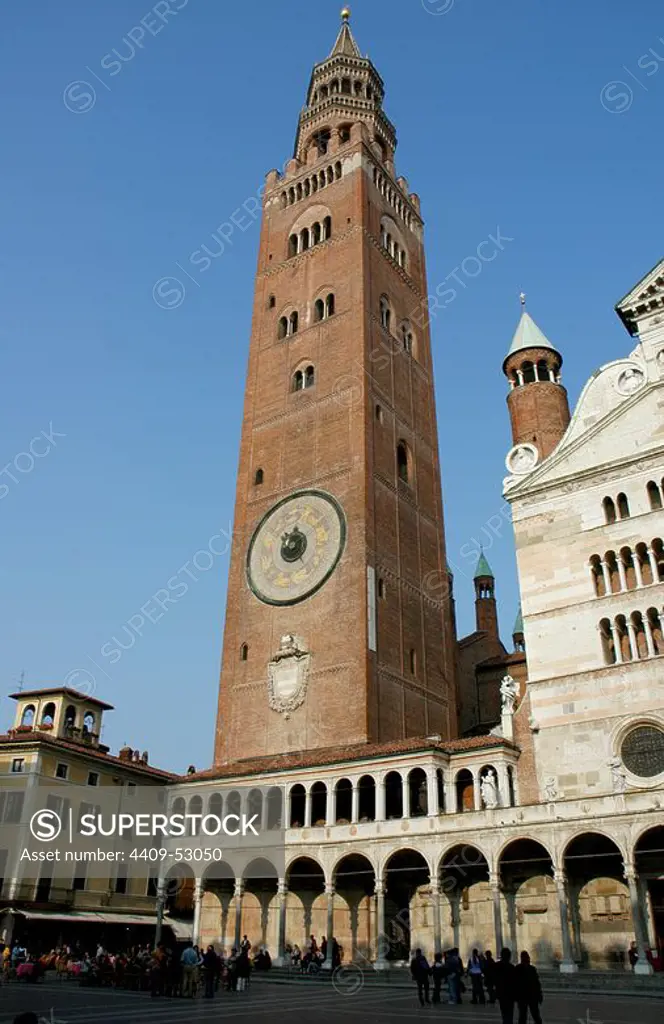 Italy. Cremona. Bell tower of the Cremona Cathedral, known commonly by Torrazzo. 13th century. Lombardy.