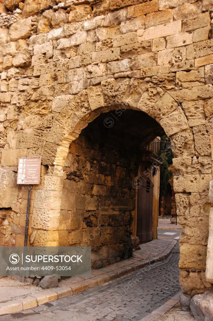 CATALUÑA. TARRAGONA. Vista parcial de la MURALLA ROMANA con una de las puertas de acceso al casco antiguo de la ciudad. Comarca del Tarragonés.