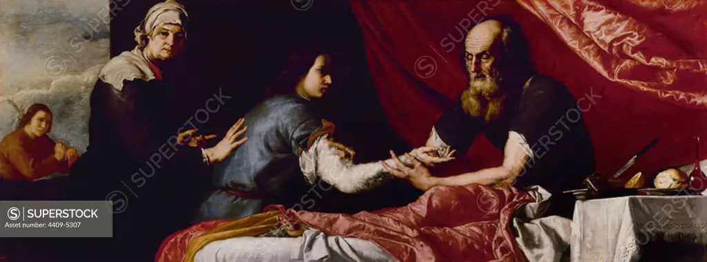 'Isaac and Jacob', 1637, Oil on canvas, 110 cm x 291,5 cm, P01118. Author: JUSEPE DE RIBERA. Location: MUSEO DEL PRADO-PINTURA. MADRID. SPAIN. Jacob. Esau. ISAAC. REBECCA.