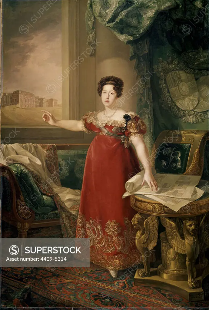'María Isabel de Braganza, reina de España, como fundadora del Museo del Prado', 1829, Oil on canvas, 258 cm x 174 cm, P00863. Author: BERNARDO LOPEZ (1799-1874). Location: MUSEO DEL PRADO-PINTURA. MADRID. SPAIN. FERNANDO VII ESPOSA. ISABEL DE BRAGANZA. MARIA ISABEL FRANCISCA. BRAGANZA MARIA ISABEL DE. MARIA ISABEL DE BRAGANZA. BRAGANZA ISABEL DE-/ 1818.