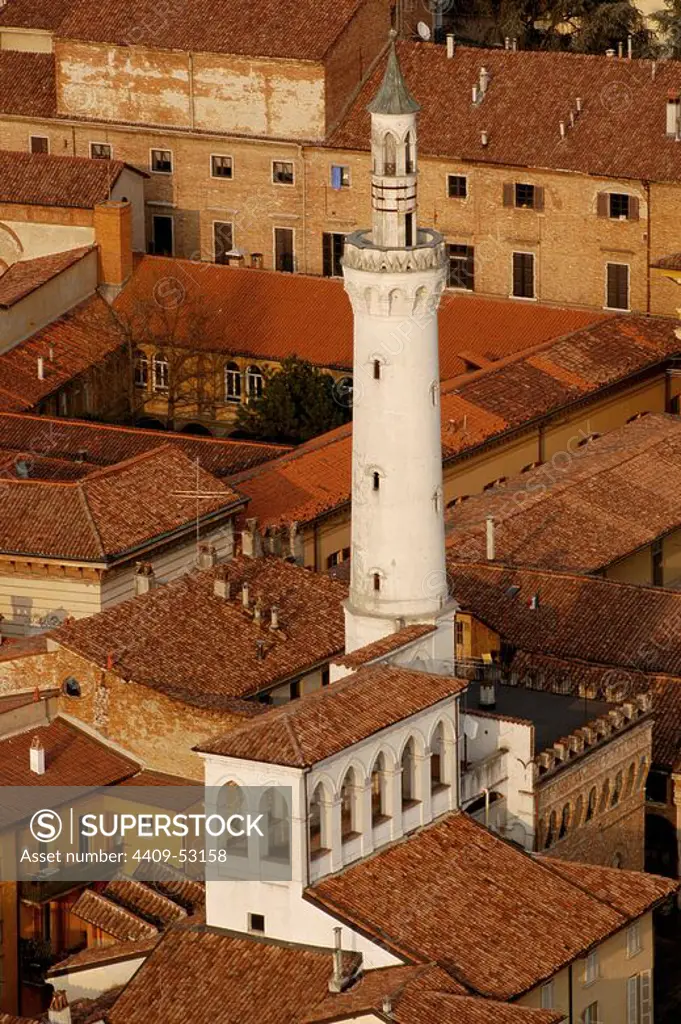 Italy. Cremona. View of a minaret of a private home at the old city from the Torrazzo, the bell tower of the Cremona Cathedral. Lombardy.