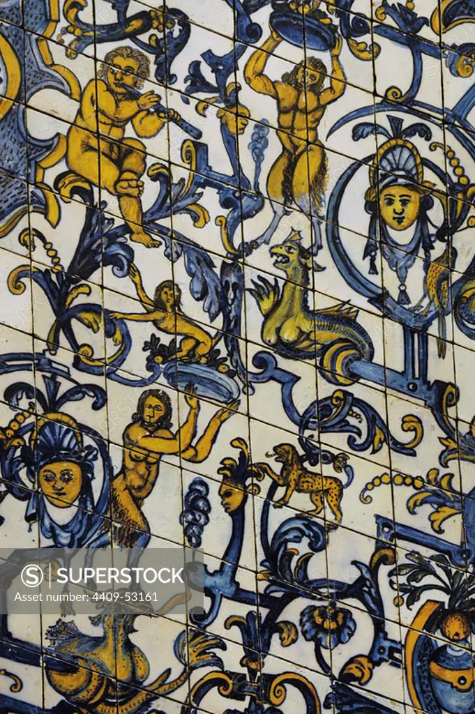 Monumental silhar on a staircase. Detail of the tile panel depicting mythological decoration. Ashlar staircase from the the former San Bento da Saúde monastery in Lisbon, ca.1640. Polychrome earthenware. National Tile Museum. Lisbon, Portugal.