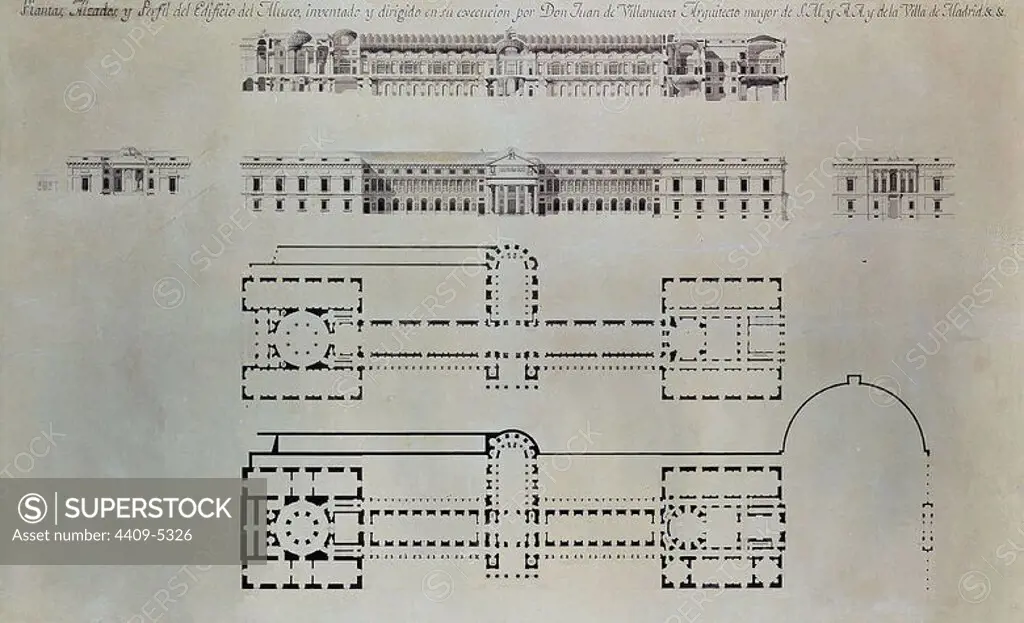 Draft of the Prado museum - Elevation of the 4 facades and floors. Plano del museo del Prado - Alzado de las 4 fachadas y Plantas. Madrid, El Prado. Author: JUAN DE VILLANUEVA. Location: MUSEO DEL PRADO-DIBUJOS. MADRID. SPAIN.