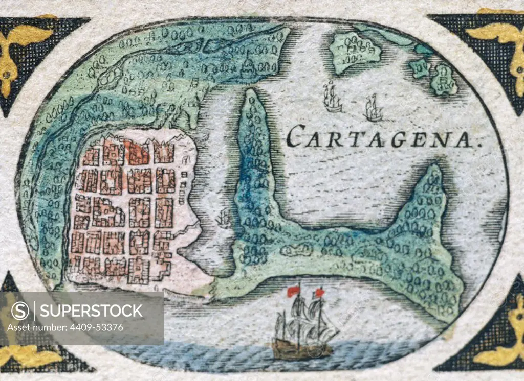 CARTAGENA DE INDIAS (actual Cartagena de Colombia). Ciudad fundada por Pedro de Heredia con el nombre de San Sebastián en 1533 y que fue uno de los puertos más importantes para las comunicaciones con la metrópoli española. Grabado holandés del año 1646.
