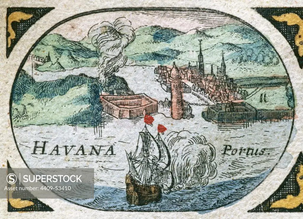 LA HABANA (Cuba). Puerto de la ciudad colonial según un grabado holandés del año 1646. La Habana fue el gran punto de enlace con el continente americano gracias a las excelentes condiciones portuarias de su bahía.