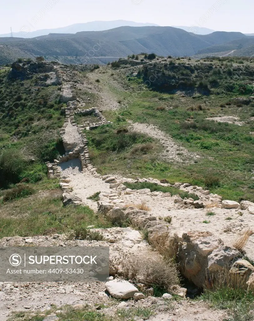 Prehistoric Art. Megalithism. Bronze Age (Copper Age or Chalcolithic). Los Millares. Occupation site. Ruins. Santa Fe de Mondujar. Andalusia. Spain.