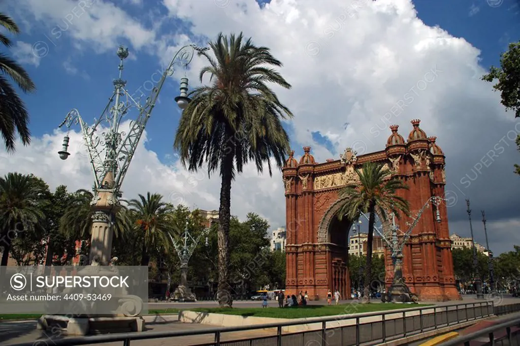 Spain. Catalonia. Barcelona. Triumphal Arch. It was built for the Universal Exposition of Barcelona (1888), as its main access gate, by architect Josep Vilaseca i Casanovas. Art Nouveau.