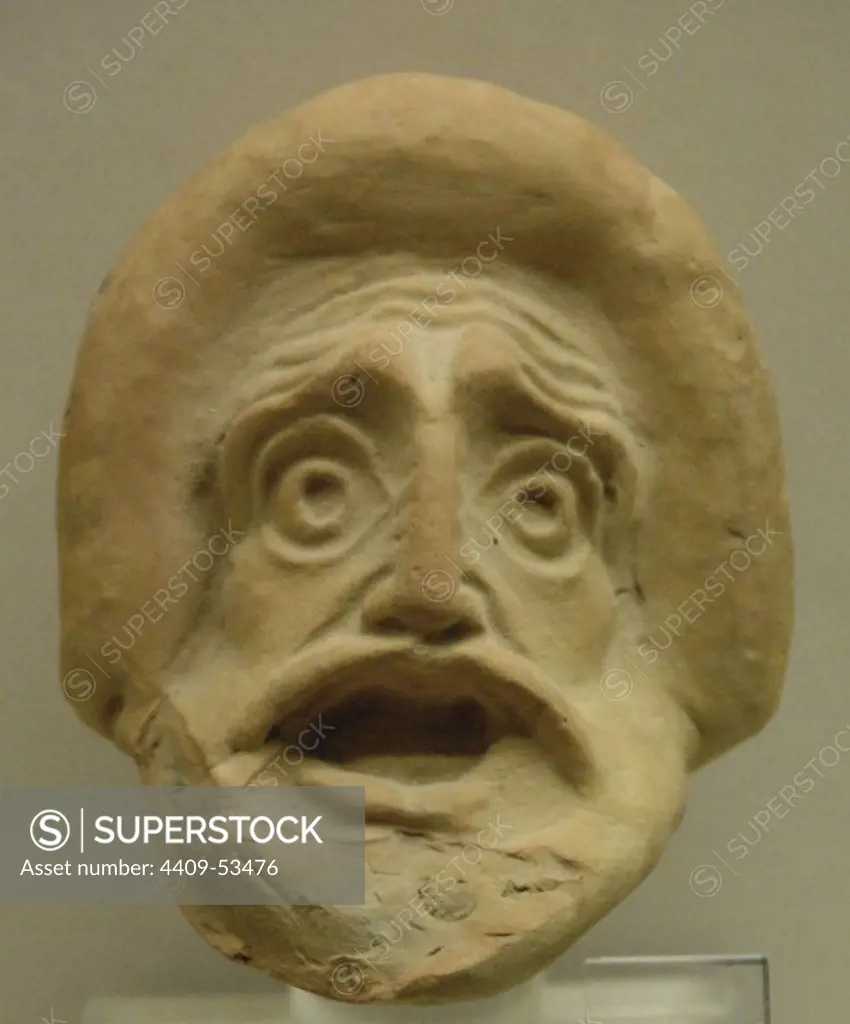 Greek Art. 4th century B.C. Tragic theatrical mask. Archaeological Museum of Olympia. Greece.