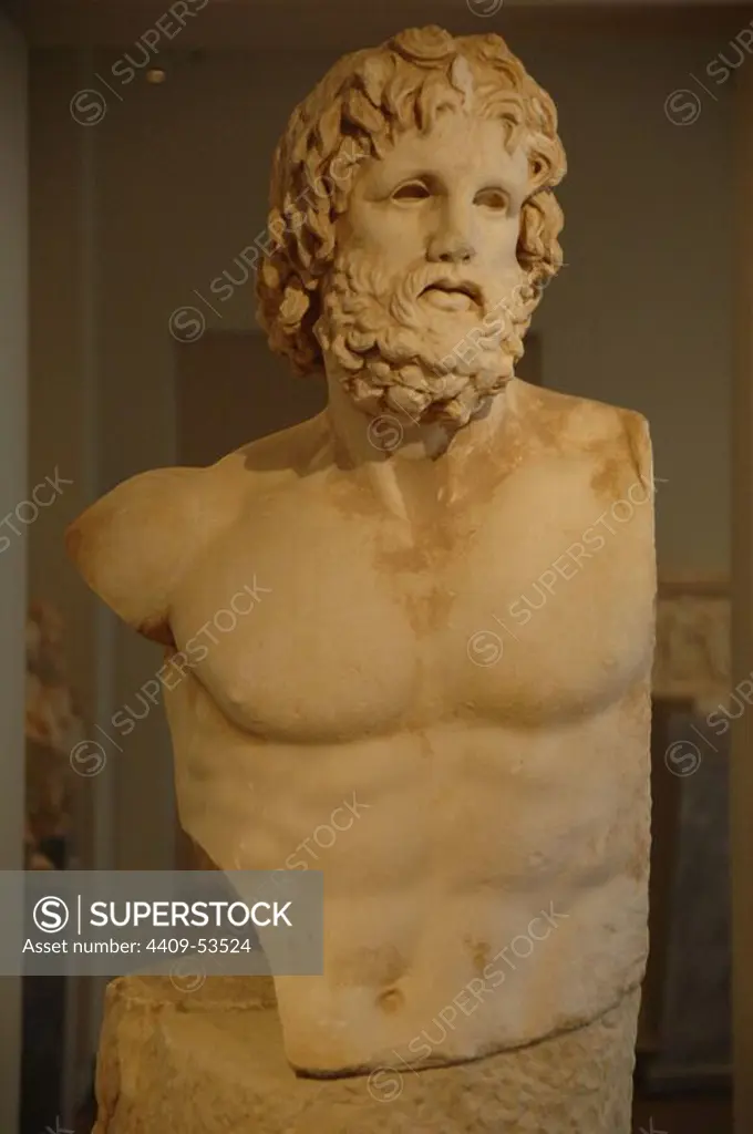 Greek Art. Greece. Bust of Asclepius. Pentelic marble. Copy of the 2nd century BCE. Replica of the statue of Asclepius that Scopas carved between 350-300 BC. Found in Mounichia, in the Sanctuary of Asclepius in Piraeus. National Archaeological Museum. Athens. Greece.