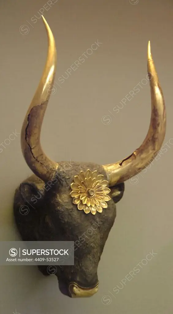 Mycenaean art. Greece. Silver rhyton as head of a bull with golden horns and forehead adorned with a gold rosette. Royal Tomb IV at Mycenae. 16th century BCE. National Archaeological Museum. Athens.
