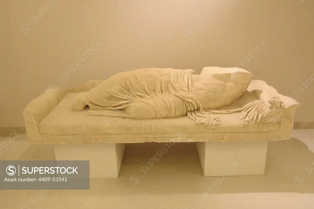Statue of a reclining man, probably the personification of the Charadros river. 2nd century. From Pythion. Archaeological Museum of Marathon. Greece.