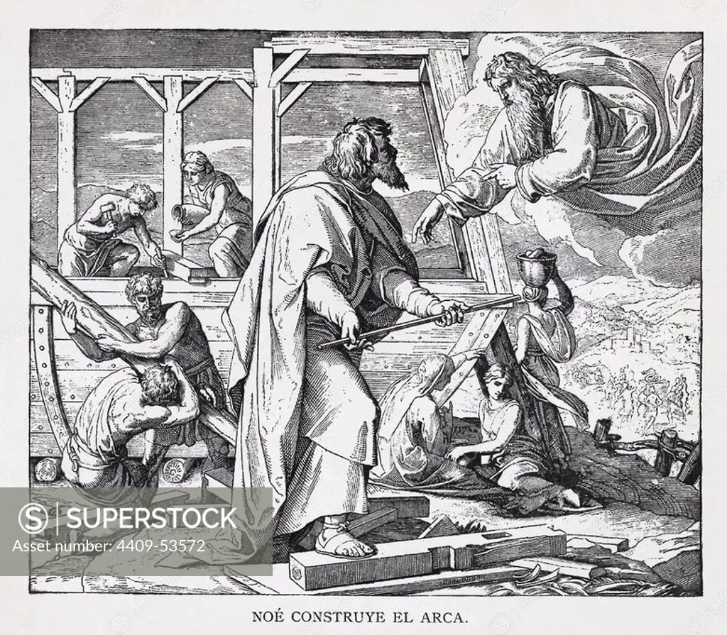 NOE CONSTRUYE EL ARCA. Grabado de 1889. Álbum de Historia Sagrada (La Santa Biblia en imágenes). Dibujo de Julio Schnorr de Carolsfeld.