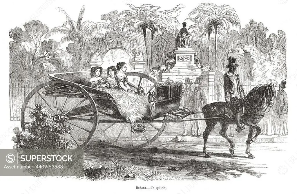 Carruaje quitrin por los paseos de La Habana, Cuba, grabado de 1853.