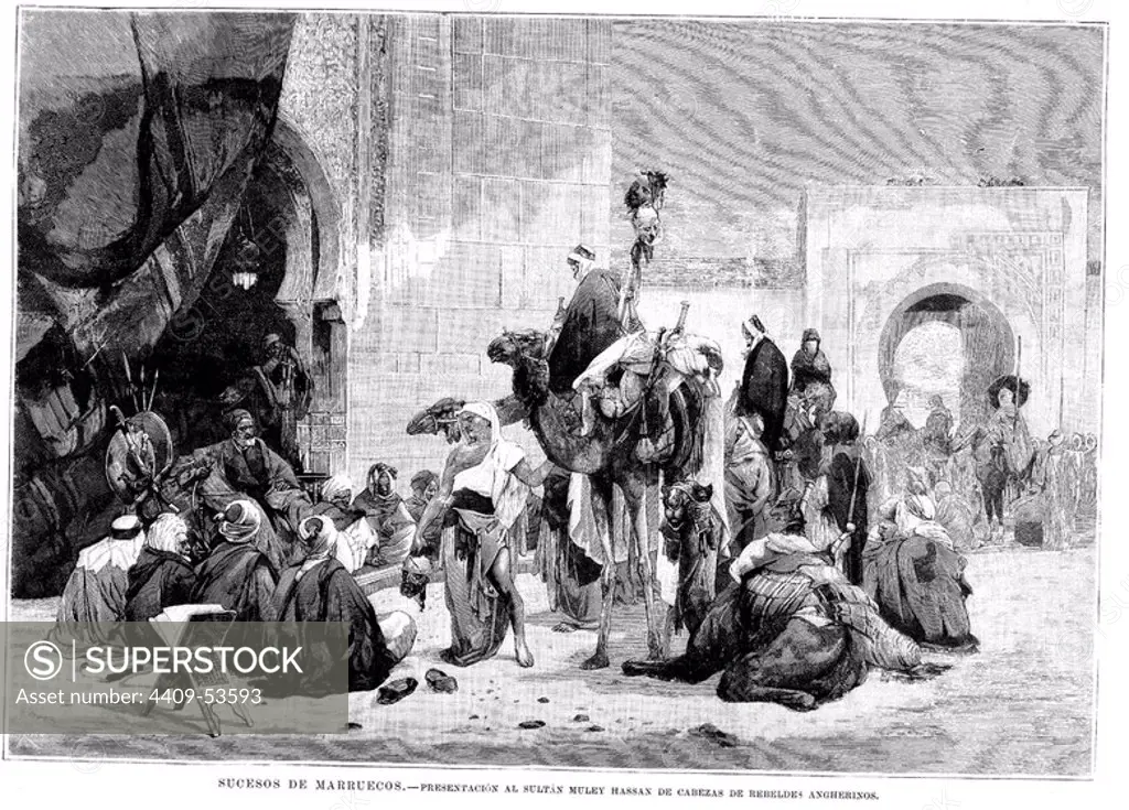 Marruecos. Siglo XIX. Revolución de las tribus en Tanger, presentación al sultán de las cabezas de rebeldes. Grabado de 1892.