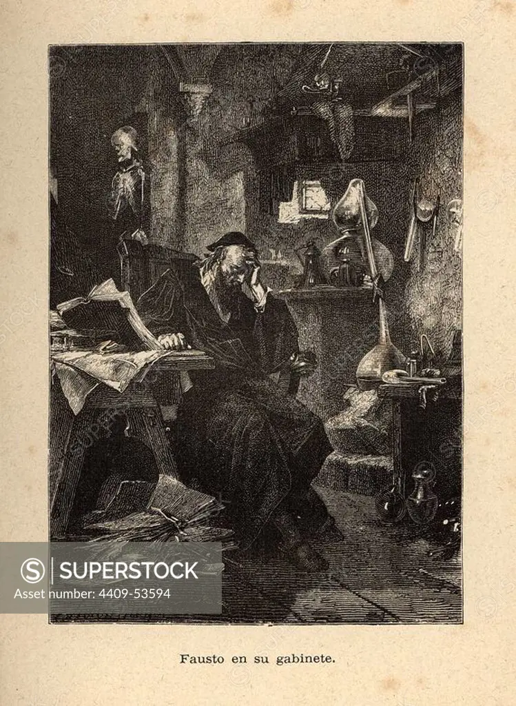 Fausto en su gabinete. Grabado de Liezen Mayer para la novela Fausto, de Johann Wolfgang Goethe (Frankfurt, 1749-Weimar, 1832). Año 1882.