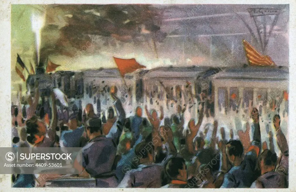 Dibujo de la despedida del primer tren de milicianos hacia Aragón. Tarjeta postal editada por Cruz Roja. Año 1936.