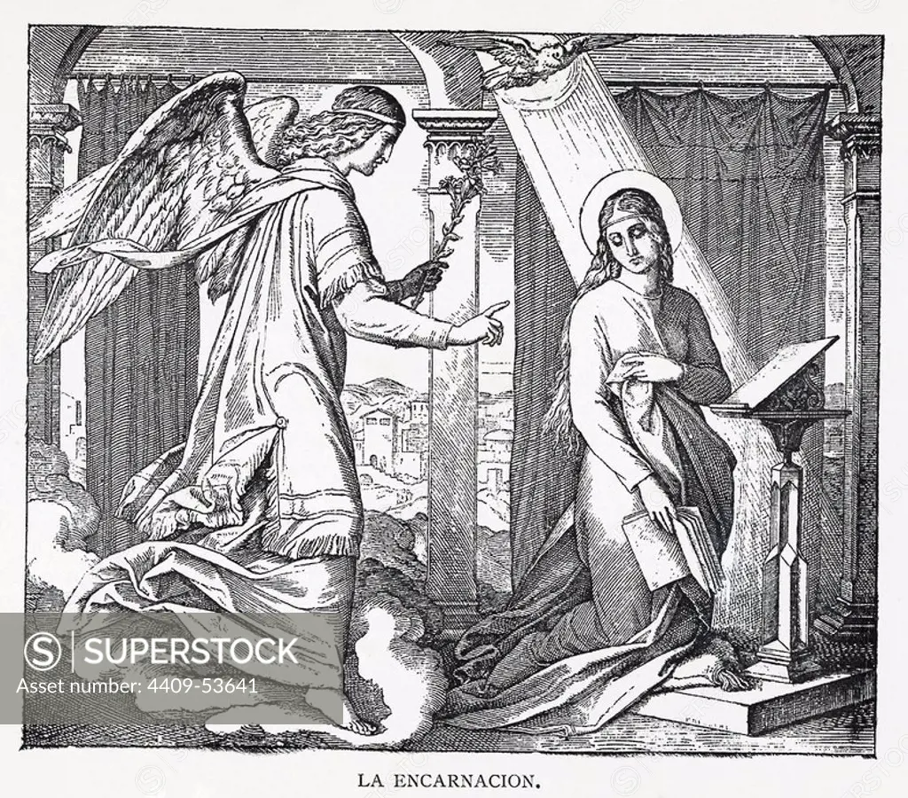 LA ENCARNACION. Grabado de 1889. Álbum de Historia Sagrada (La Santa Biblia en imágenes). Dibujo de Julio Schnorr de Carolsfeld.