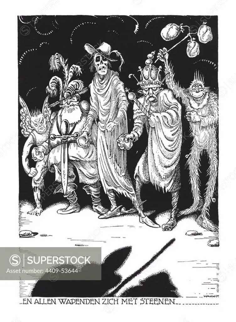Escena del libro Don Quichote, de Miguel de Cervantes Saavedra (Alcalá de Henares, 1547-Madrid, 1616). "Apariciones fantasmagóricas producto de su imaginación" Editado en Zutphen (Países Bajos), año 1930. Author: Albert Hahn jr.