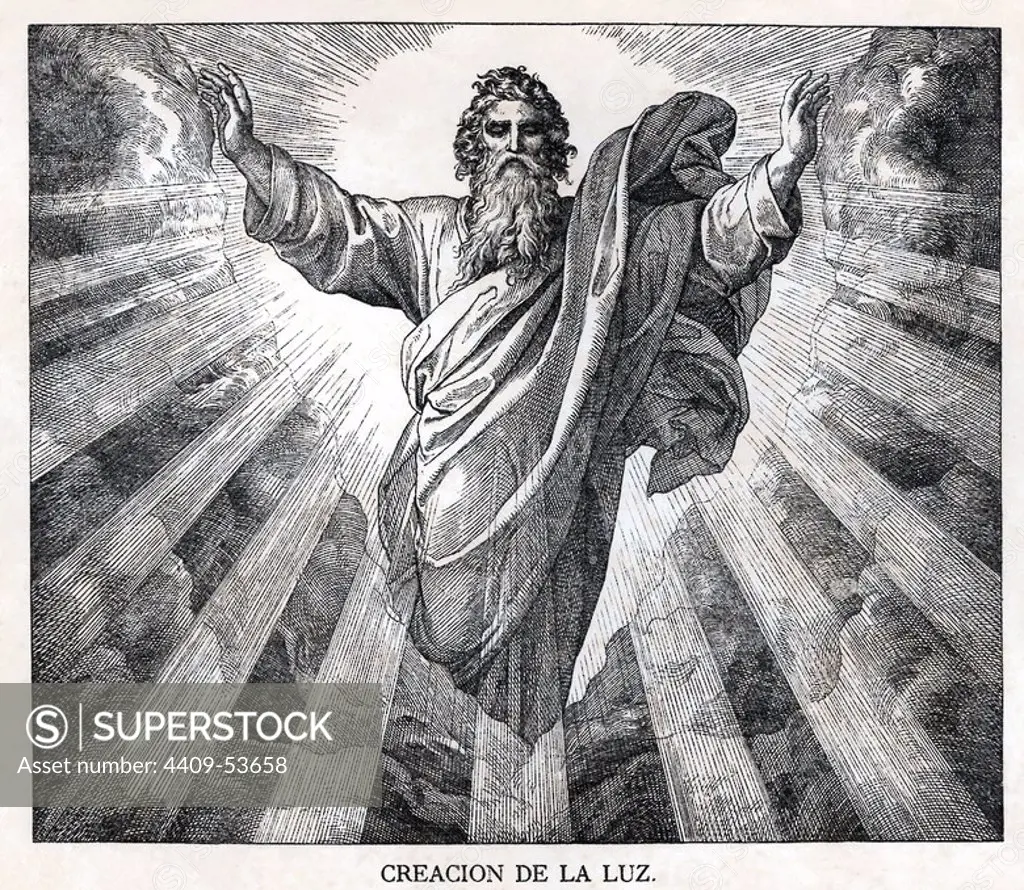 CREACION DE LA LUZ. Grabado de 1889. Álbum de Historia Sagrada (La Santa Biblia en imágenes). Dibujo de Julio Schnorr de Carolsfeld.