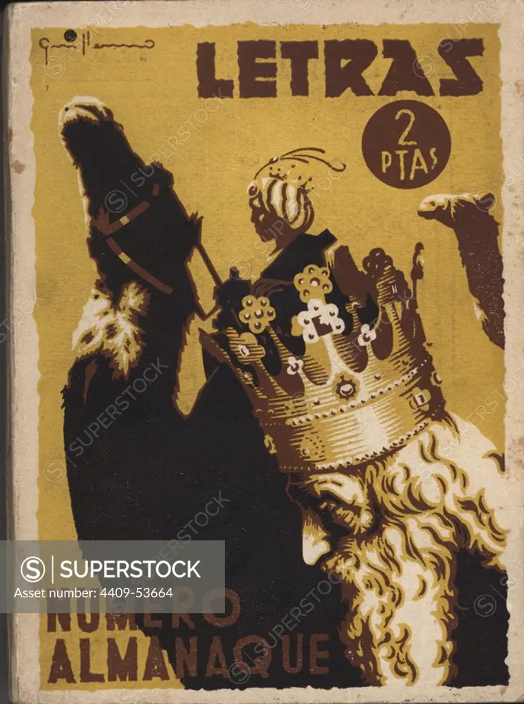 Portada Almanaque "Letras", revista literaria popular. Madrid, 1 enero 1940. Dibujo en portada de los Reyes Magos de Oriente.