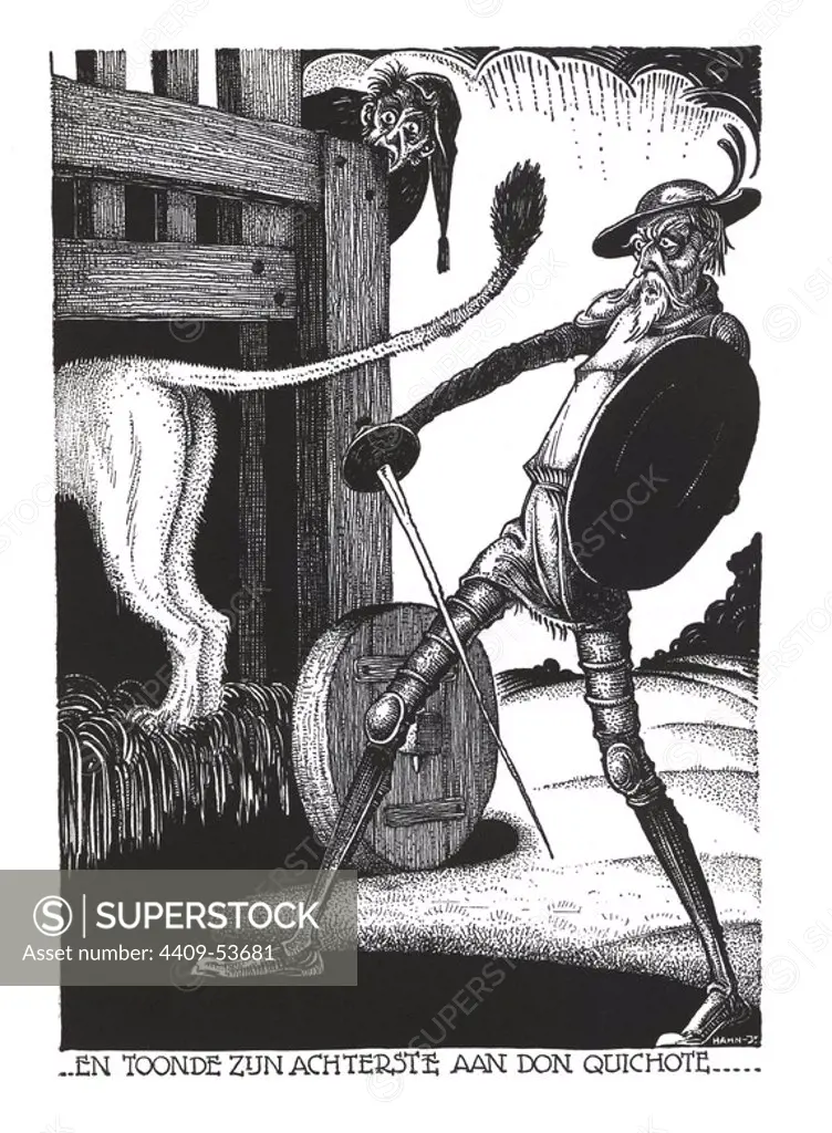 Escena del libro Don Quichote, de Miguel de Cervantes Saavedra (Alcalá de Henares, 1547-Madrid, 1616). "Un león mostrando su trasero a Don Quijote" Editado en Zutphen (Países Bajos), año 1930. Author: Albert Hahn jr.