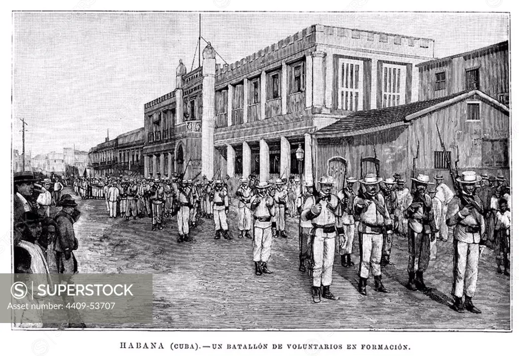 La Habana, Cuba. Un batallón de voluntarios en formación durante la Guerra de Cuba. Grabado de 1896.
