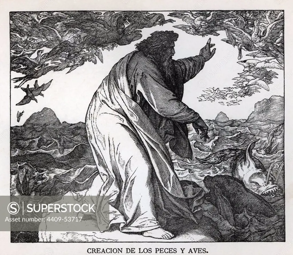 CREACION DE LOS PECES Y LAS AVES. Grabado de 1889.Album de Historia Sagrada (La Santa biblia en imágenes) Dibujo de Julio Schnorr de Carolsfeld.