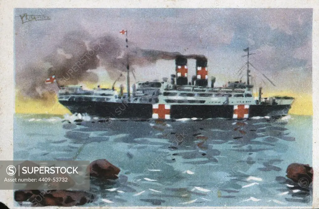 Dibujo del buque "Marqués de Comillas", habilitado como hospital de la Cruz Roja. Tarjeta postal editada por Cruz Roja. Año 1936.