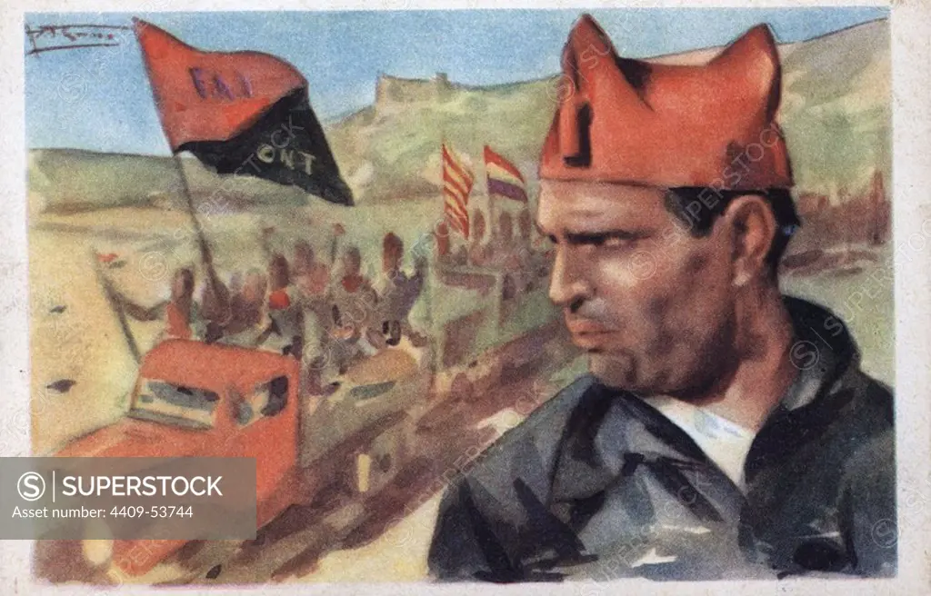 Dibujo de Buenaventura Durruti (León, 1896-Madrid, 1936), camarada que dirige las milicias de la CNT y la FAI. Tarjeta postal editada por Cruz Roja. Año 1936. JOSÉ BUENAVENTURA DURRUTI DUMANGE.