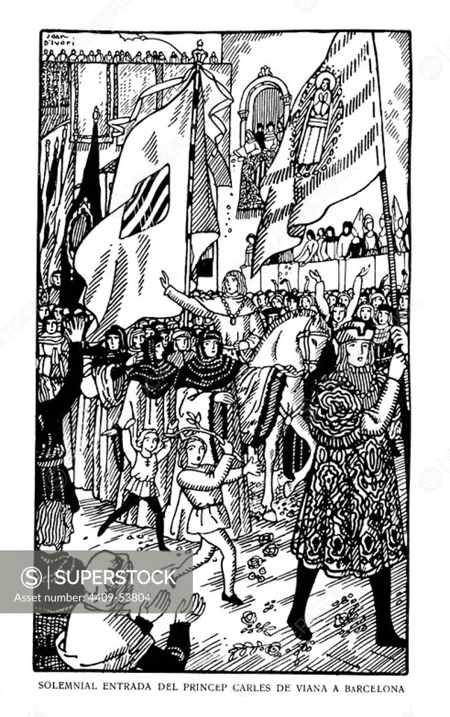 Solemne entrada del príncipe Carlos de Viana en Barcelona. Historia popular de Catalunya, de Alfons Roure. Editada en Barcelona, 1919. Dibujo de Joan Vila i Pujol (Joan d'Ivori) (Barcelona, 1890-1947).