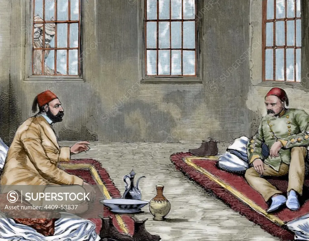 War in Egypt. Aribi-Pasha and Tulba-Pasha detained at the headquarters of Abbassiyeh. Colored engraving, 1882.