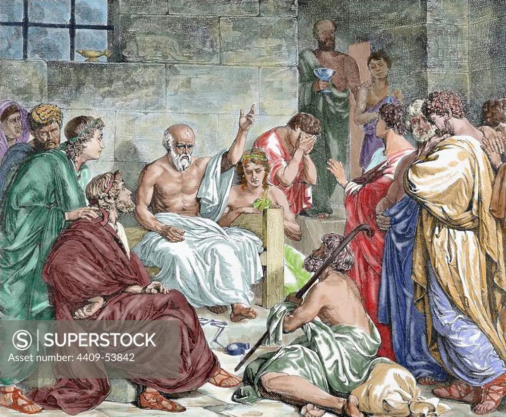 Socrates (c.469-399 BC). Classical Greek Athenian philosopher. Socrates in prison before being sentenced to death. Colored engraving.