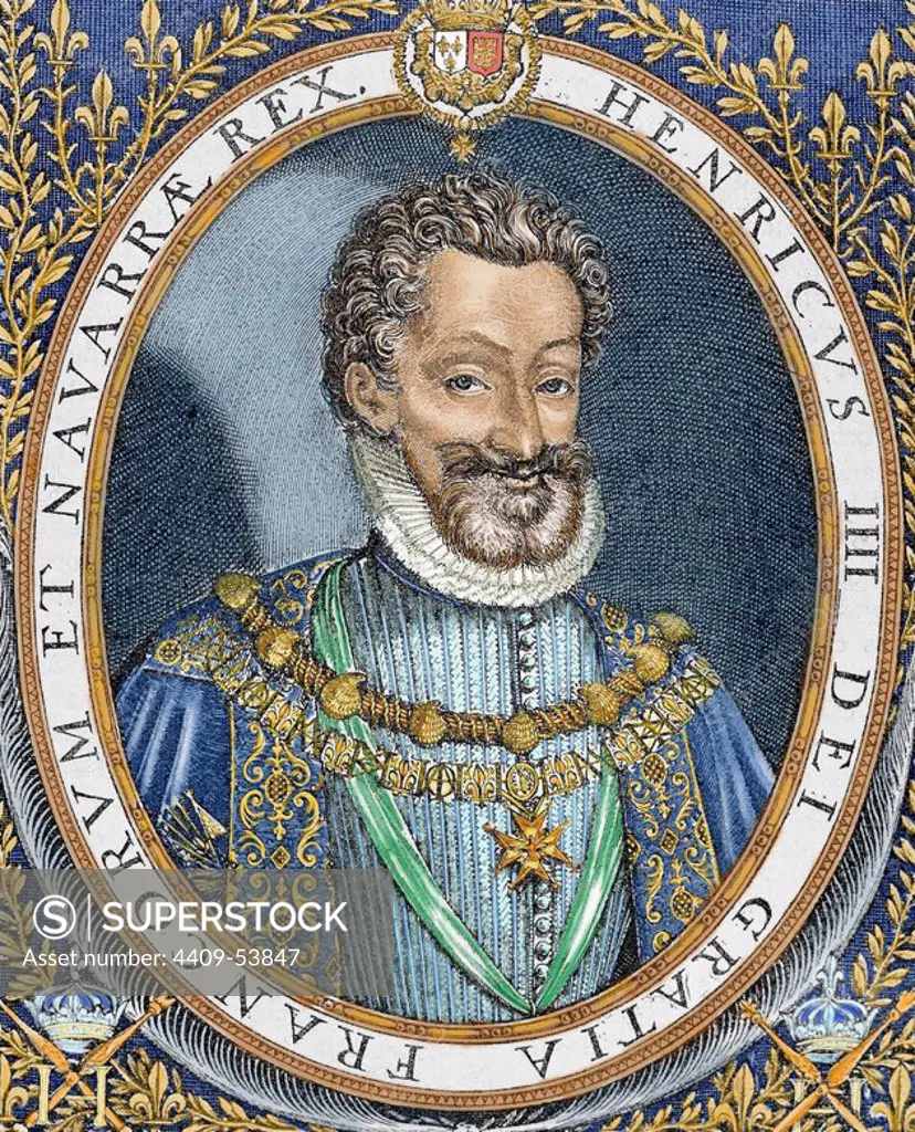 Henry IV of France "The Great" (1553-1610). King of Navarre in 1562 (Henry III), king of France in 1589-1610 and head of the Huguenots (1569). Colored engraving.