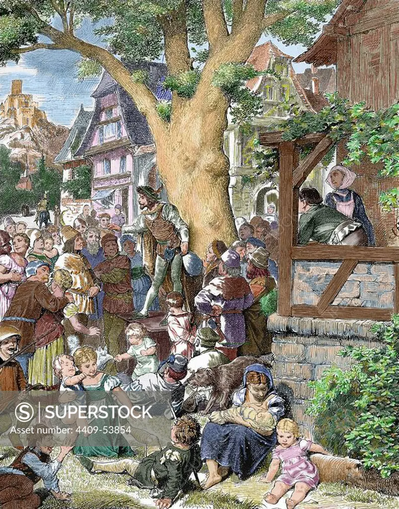 Germany. Minstrel reciting poems and songs at the foot of a lime tree in the village square. Colored engraving of "Germania", 1882.