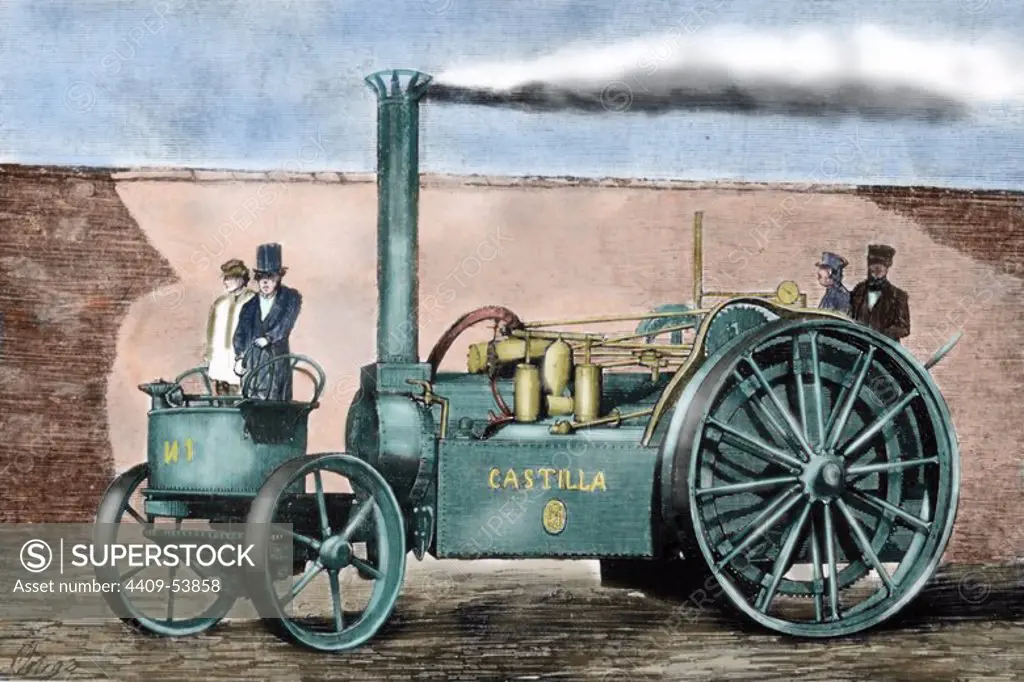 Spanish traction engine "Castilla" by Pedro de Ribera. It transports 4 people from Valladolid to Madrid, covering over 200 kilometers in 20 days in 1860.