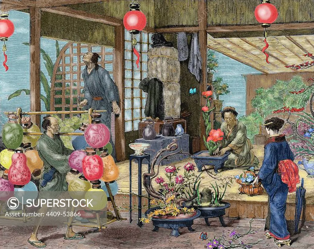 Japan. Florist. Colored engraving from 1882.