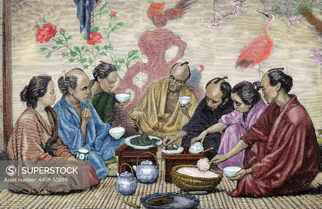Japanese family eating. Nineteenth-century colored engraving.