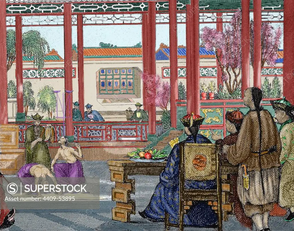 China. Acrobats performing at the Imperial Court. Nineteenth-century colored engraving.