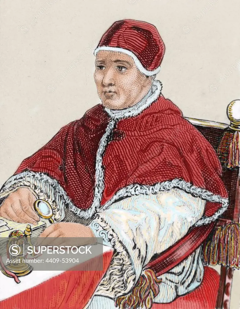 Leo X (1475-1521). Florentine Pope (1513-21), named Giovanni de 'Medici. Son of Lorenzo de 'Medici, the Magnificent. Colored engraving.