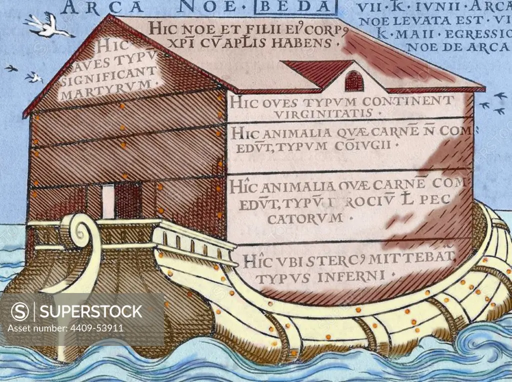 Noah's Ark, from the book "De Linguis gentium, libellum", published in Basel, 1563. Written by the Venerable Bede (673-735), English monk and writer. Colored engraving.