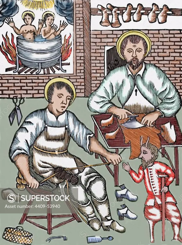 Two Saints make shoes being tempted by the devil. Colored woodcut.