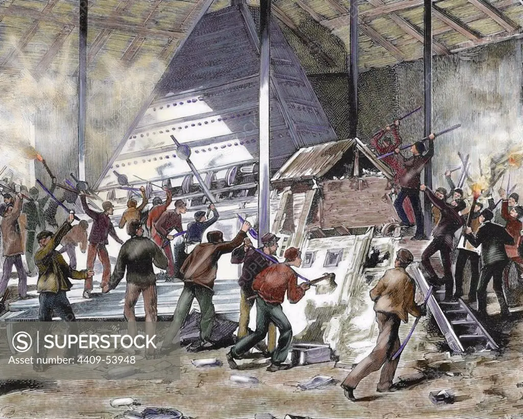 Workers strike in Jumet (Belgium) on 26 March 1886. Strikers destroying an smelter in the H. Bandoux glass factory. Engraving.