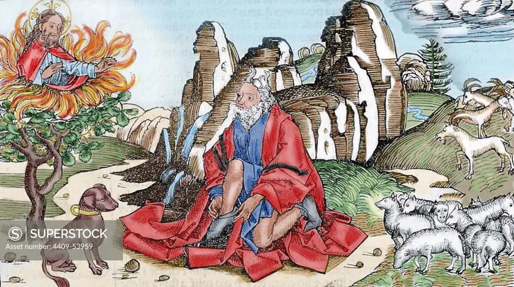 Moses and the burning bush. 16th century engraving. Colored.