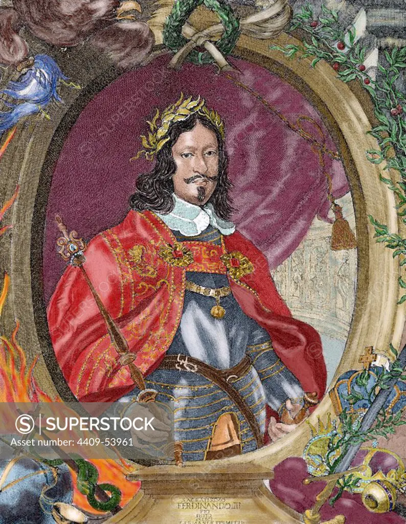 Ferdinand III (1608-1657). Holy Roman Emperor from 15 February 1637 until his death, King of Hungary and Croatia, King of Bohemia and Archduke of Austria. Colored engraving.