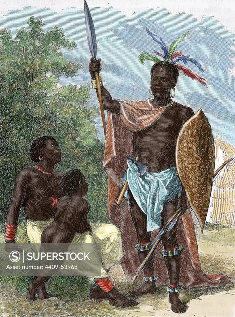 Africa. Indigene Ugogo. Man in battle dress. Colored engraving in "El Mundo Ilustrado" 1884.