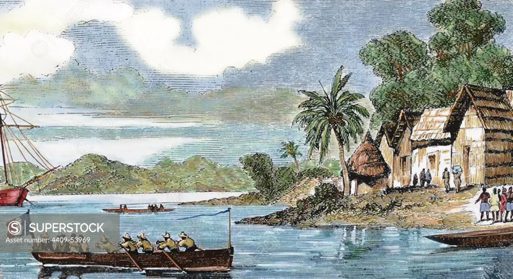 Colonialism. First African expeditions. French ship heading to the village of Abata, on Lake Ebrie. Drawing by M. Kerjean. Second half of the nineteenth century. Colored.