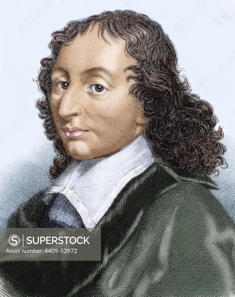Pascal, Blaise (1623-1662). French mathematician, physicist and philosopher. Colored engraving.