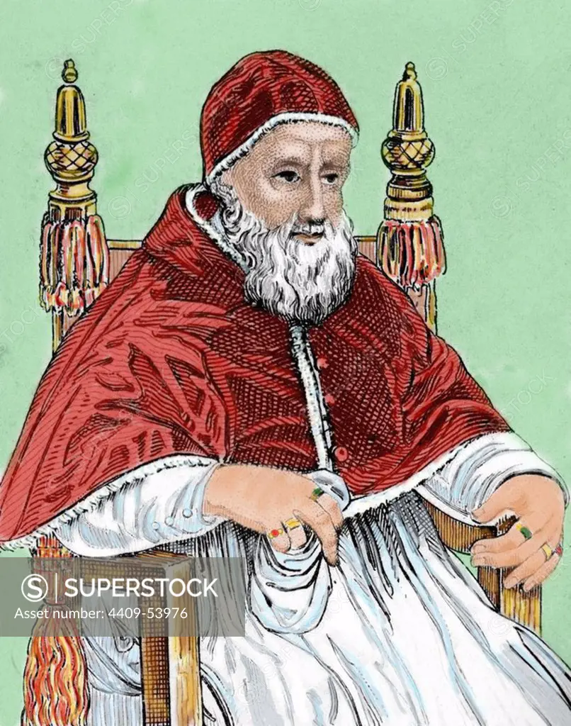 Julius II (14431513), nicknamed "The Fearsome Pope" and "The Warrior Pope", born Giuliano della Rovere. Pope from 1503 to 1513. Colored engraving.