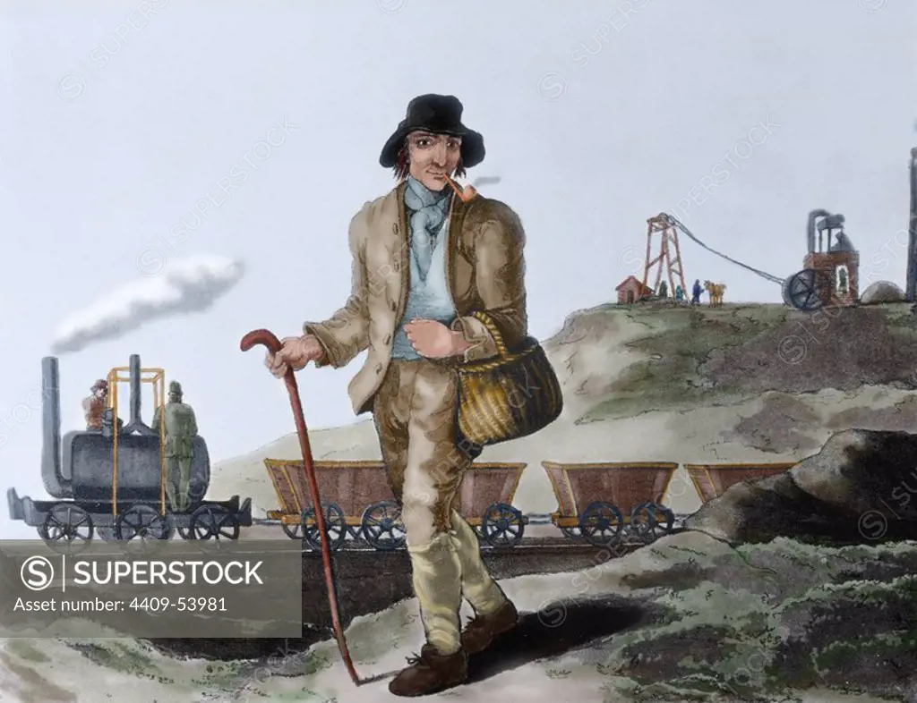 Industrial Revolution. Nineteenth century. English miner and transport of coal mined. Engraving after a watercolor (1814) by George Walker. Colored.